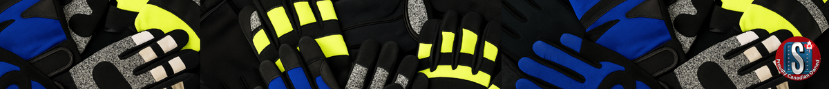 Assorted mechanic gloves in blue, black, and high visibility yellow stacked together, representing Skookum Tools' mechanic and impact-resistant work gloves category.